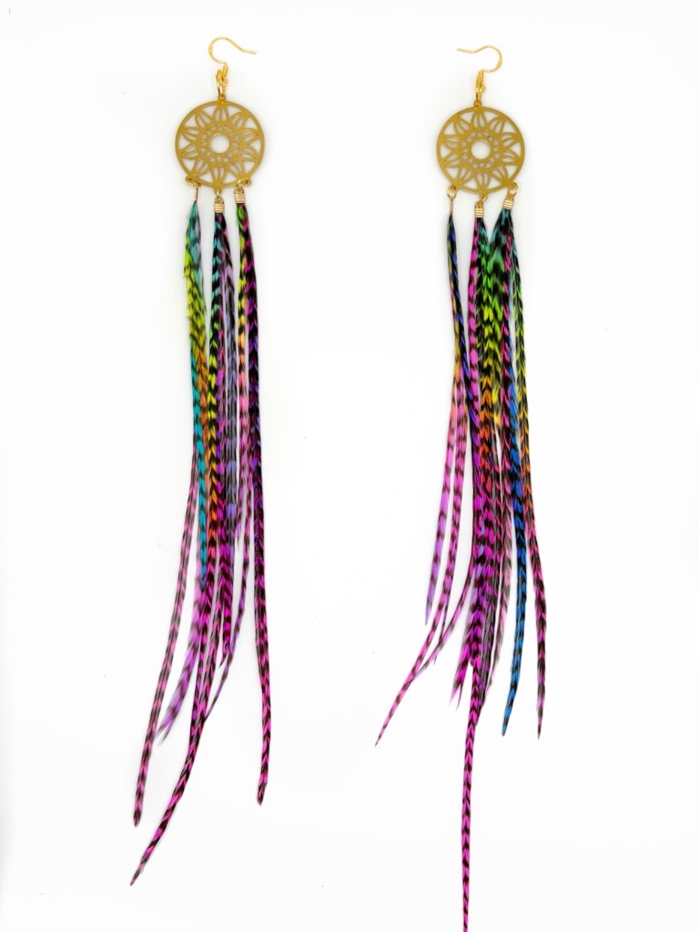 Gold Dreamcatcher Feather Tassel Earrings - Multicolor neon rainbow